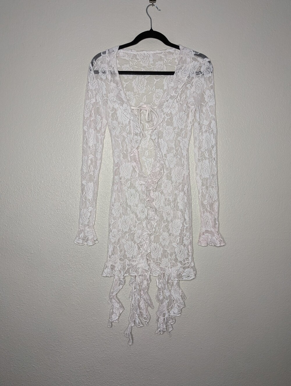 White Lace Ruffled Feminine Dainty Coquette Overlay Swim Cover Up Dress M